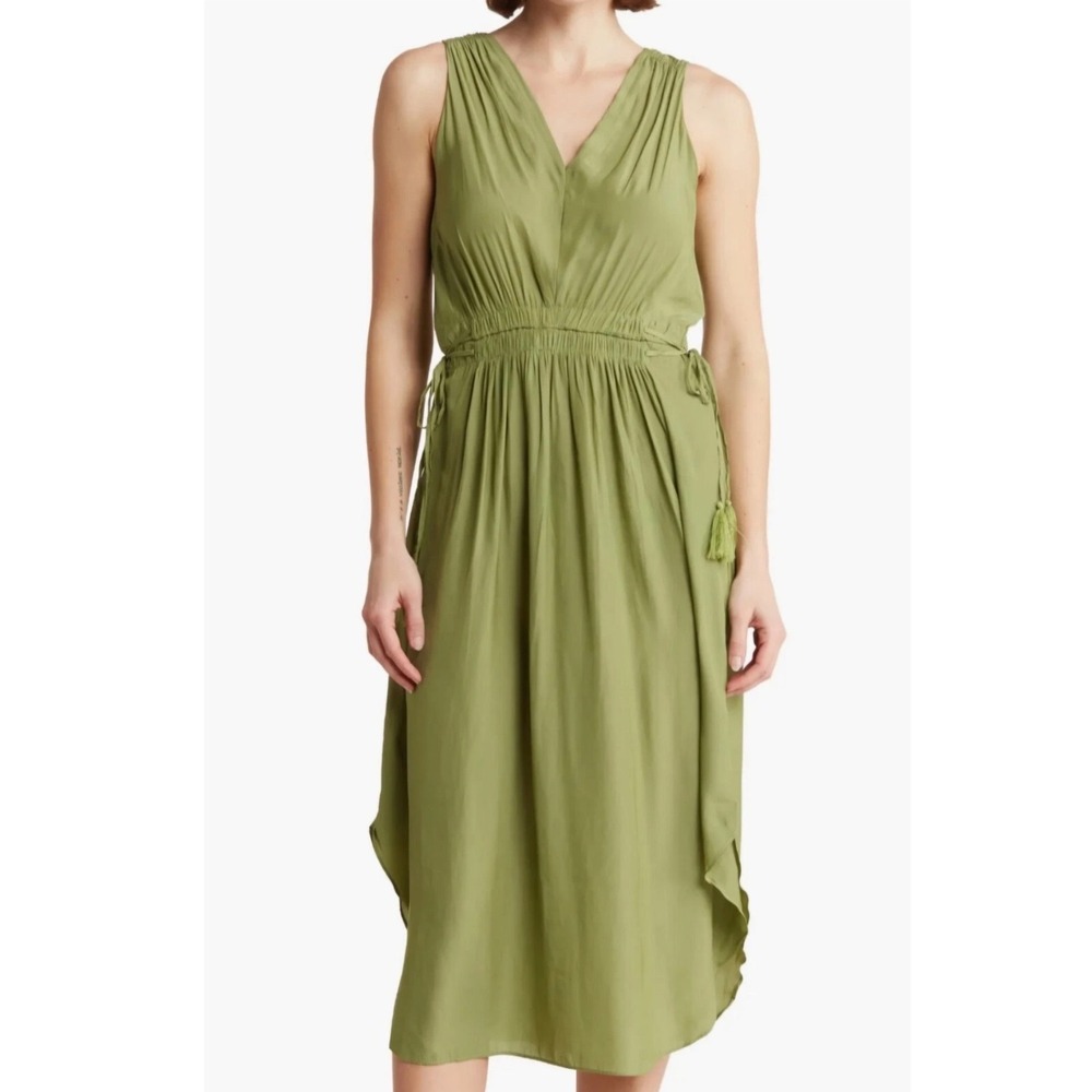 T Tahari Woman Sage Green‎ Sleeveless V-Neck Tassel Tie Midi Dress 2X